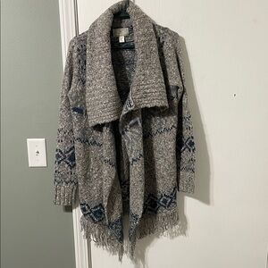 Ruby Moon Aztec Western Wool Gray Womens Open Front Duster Fringe Cardigan Small